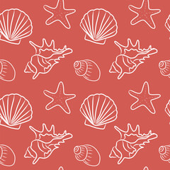 Sea shells Seamless Pattern, Sea creatures background, starfish, vector line illustrations, coral color 