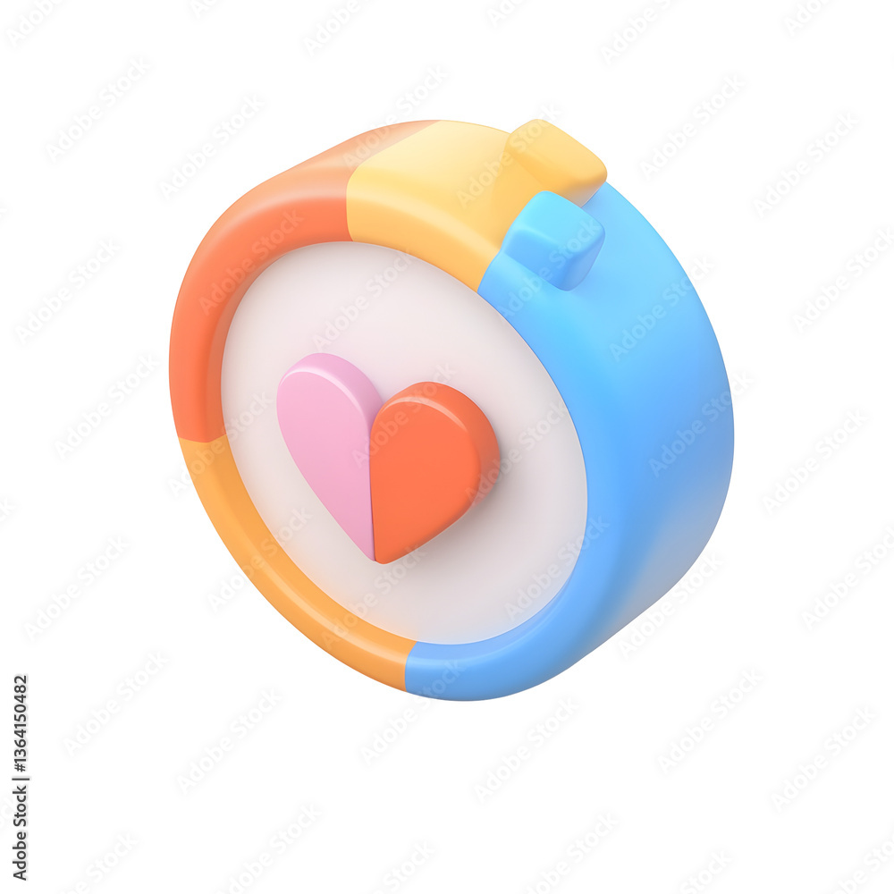 Poster A clean and structured 3D rendered minimalistic clock design featuring a heart symbol in a soft pastel color scheme for a modern website or digital interface