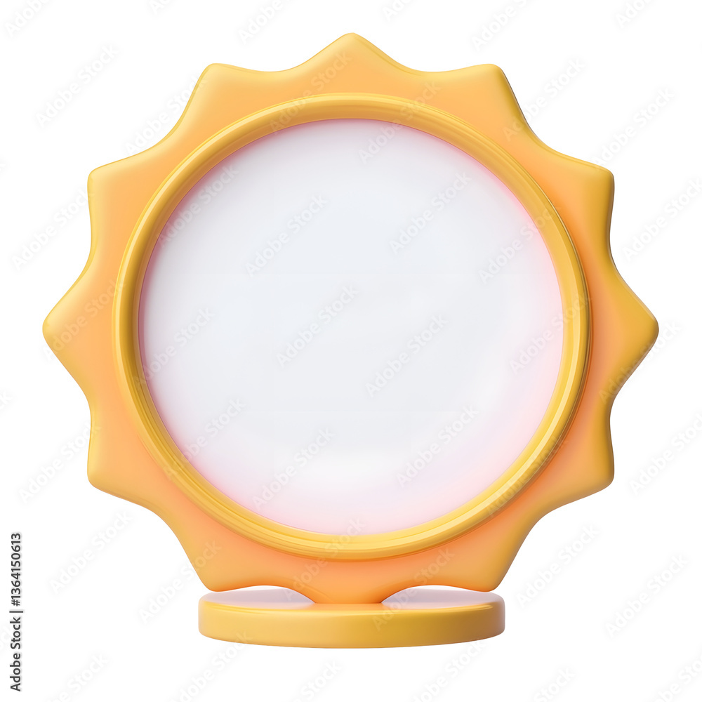 Poster Professional 3D rendered emblem badge featuring a smooth circular shape with scalloped edges and symmetrical radial accents for a clean elegant and minimalist UI design
