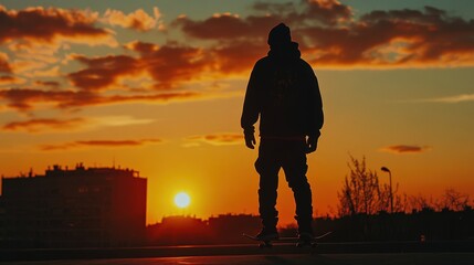 Fototapeta premium Skateboarding individual at sunset urban landscape photography outdoor silhouette freedom