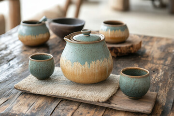 Table with three bowls and two cups.