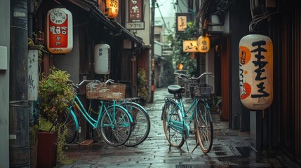 Fototapeta premium Exploring quiet alleys with bicycles kyoto photography urban scene eye-level cultural vibe