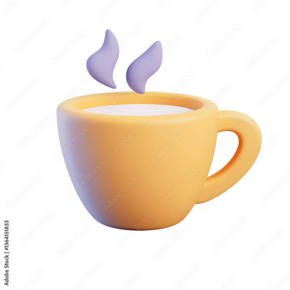 Poster a simple elegant 3d rendered coffee cup icon with smooth curves and rising steam designed for clean 