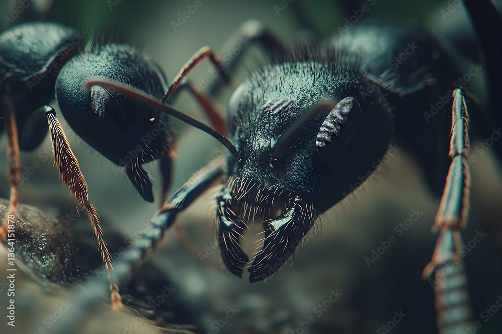 Poster macro close-up of two black ants in natural habitat with sharp focus