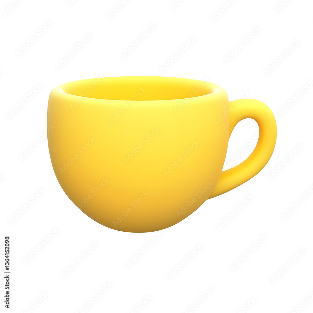 Poster 3d rendering of a sleek rounded yellow ceramic coffee cup or mug glyph with a minimalist well balanc
