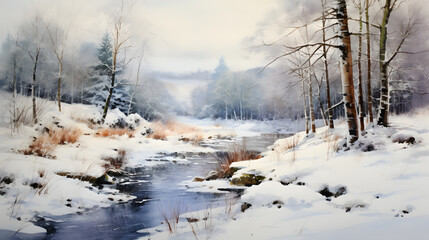 Watercolor wintertime outdoor landscape country road background poster decoration painting