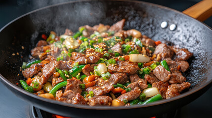 Sizzling beef stir fry with colorful vegetables and aromatic herbs creates delightful dish