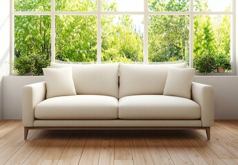 A bright, warm photo at a 30-degree angle featuring a light brown wooden floor, white sofa, and green trees outside the window. High-definition 4K with realistic details, perfect for minimalist