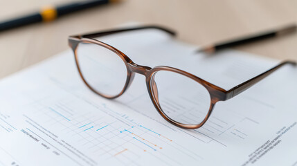 Clear glasses resting on financial reports, symbolizing analysis and insight