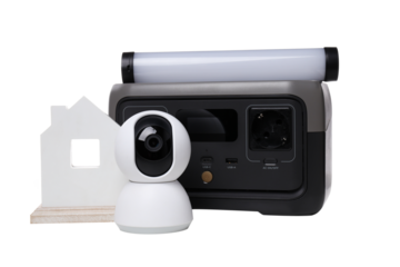 PNG,CCTV camera with a charging station, isolated on white background