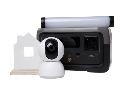 PNG,CCTV camera with a charging station, isolated on white background - Powered by Adobe