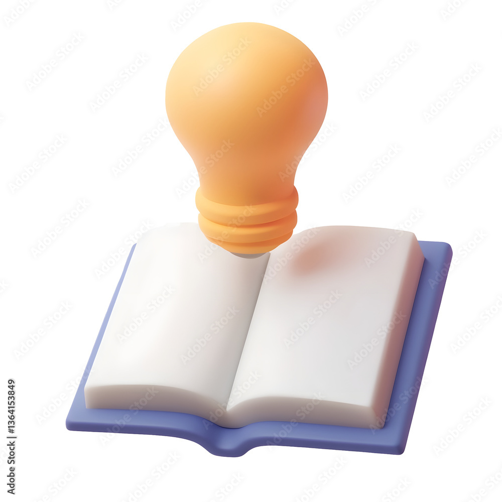 Leinwandbilder A digital 3D rendering of an open book with a softly glowing light bulb floating above representing education learning and the spark of creativity and innovation