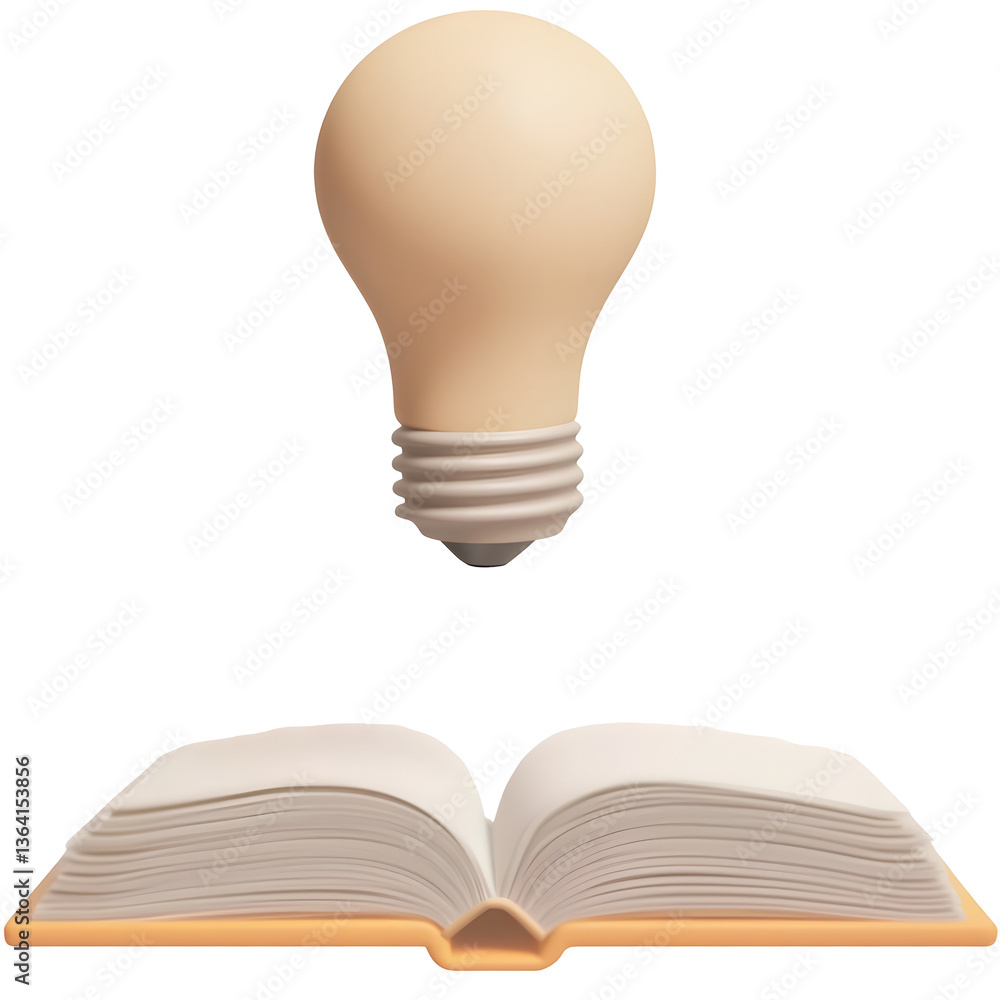 Leinwandbilder A 3D rendering of an open book representing knowledge and learning with a softly glowing light bulb hovering above it symbolizing and innovation for web application design