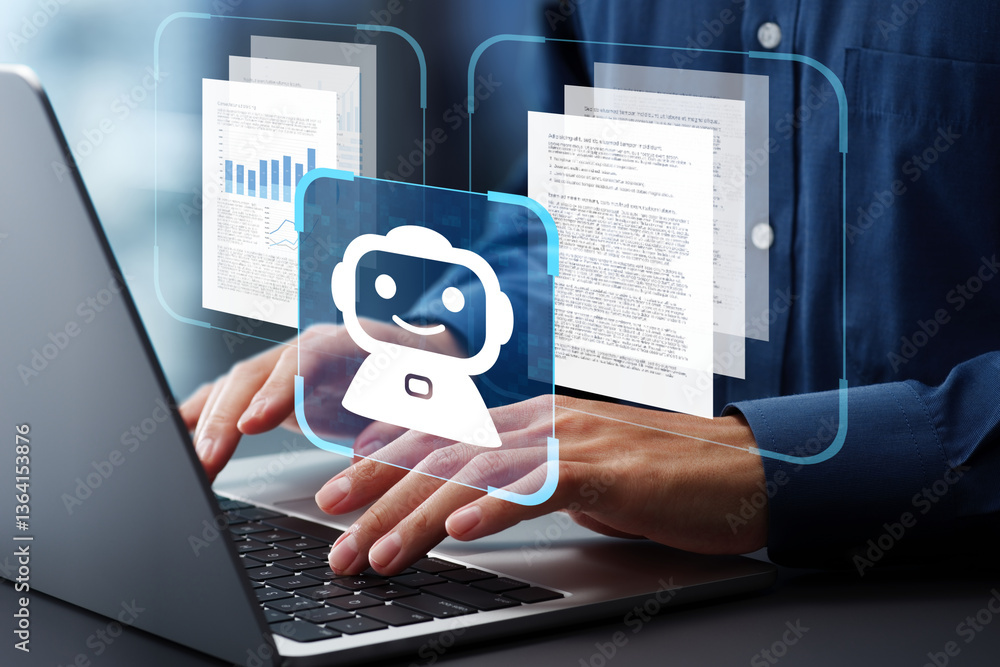 Aufkleber AI agent generating business reports and documents. Generative artificial intelligence analyzing text and making summary. Businessman using laptop computer to give instructions to AI.