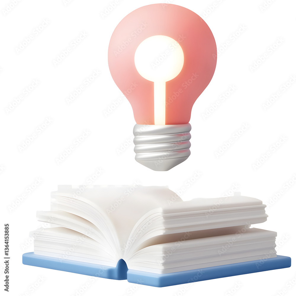 Poster Minimalist 3D icon featuring an open book and a luminous lightbulb symbolizing the connection between knowledge learning and