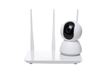 PNG,White video surveillance camera with Wi-Fi router, isolated on white background