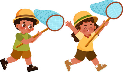 Childrens Playing and Catching Insect and Butterfly with Bugs Net in Forest Adventure Illustration