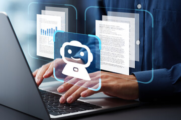 AI agent generating business reports and documents. Generative artificial intelligence analyzing text and making summary. Businessman using laptop computer to give instructions to AI.