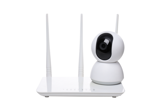 PNG,White video surveillance camera with Wi-Fi router, isolated on white background