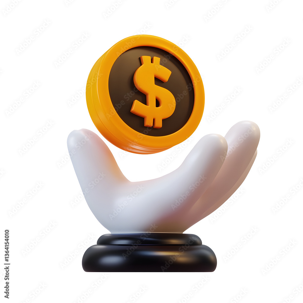 Aufkleber A 3D rendered minimalist digital of a financial symbol featuring an open hand with a floating dollar coin icon hovering above displayed on a clean transparent white background