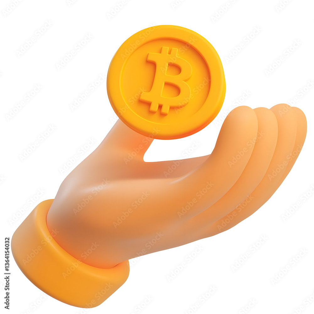 Poster minimalistic 3d render of an open hand holding a floating bitcoin cryptocurrency coin symbolizing fi