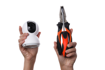 PNG,Video surveillance camera with pliers, isolated on white background