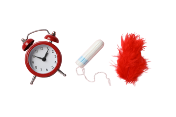 Feminine hygiene and menstruation, Feminine hygiene items: red alarm clock, tampon, and red feather, isolated on white, PNG