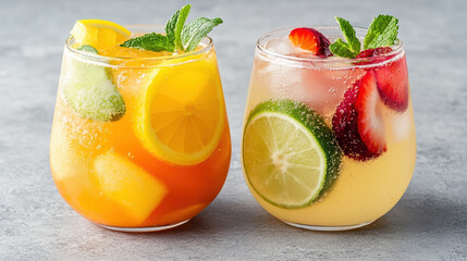 Refreshing cocktails with vibrant fruits and mint garnish