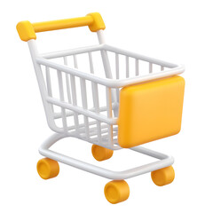 A 3D rendered simplified shopping cart icon with a clean minimalist aesthetic and contemporary professional appearance on a white transparent background