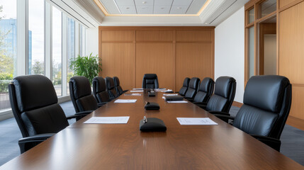 modern conference room with long wooden table and black leather chairs, ideal for meetings