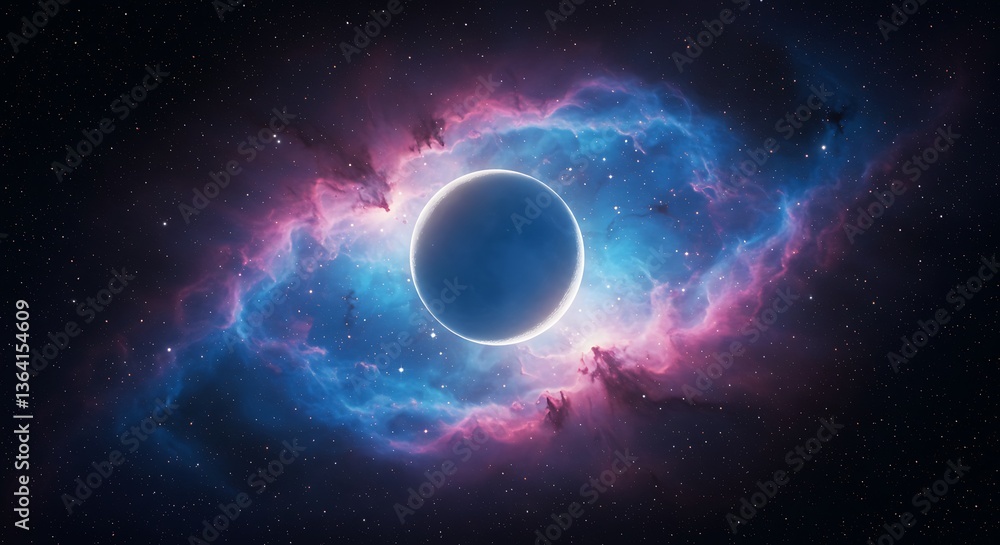 Aufkleber planet shining in nebula space scenery with stars and colorful clouds