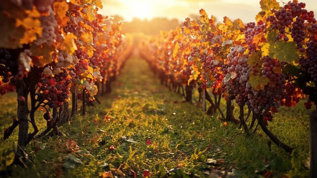 Sunlit autumn vineyard rows, grape harvest