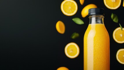 A vibrant bottle of orange juice surrounded by fresh lemon slices and green leaves, set against a dark background.