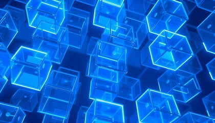 Naklejka premium Luminous Blue Cubes Floating in a Dark Enigmatic Space