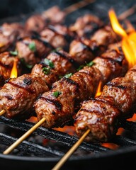 Juicy skewers of grilled meat sizzling over flames, garnished with herbs, showcasing a delicious barbecue experience.