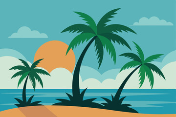 Tropical Serenity: Capturing the tranquil beauty of a tropical landscape with palm trees against a backdrop of blue sea, an orange sun, and fluffy clouds. This scene exudes peace and warmth.