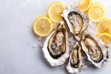 Fresh oysters on ice with lemon slices, perfect for seafood lovers and gourmet dishes.