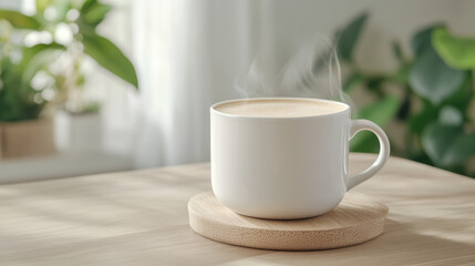 cozy morning setting with steaming cup of warm beverage on wooden table