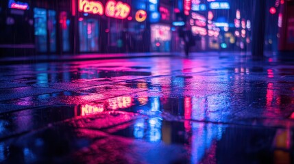 Neon reflections at night urban street photography vibrant city ground level mood lighting