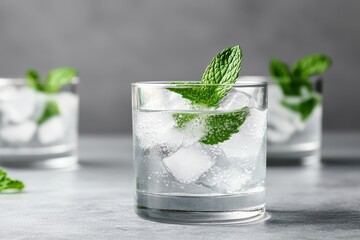 A refreshing glass of mint-infused beverage with ice, set against a soft-focus background featuring more glasses.