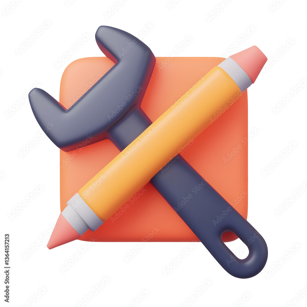 Poster Detailed and visually striking 3D rendering of an engineering and creativity icon featuring a crossed wrench and pencil with smooth geometric shapes