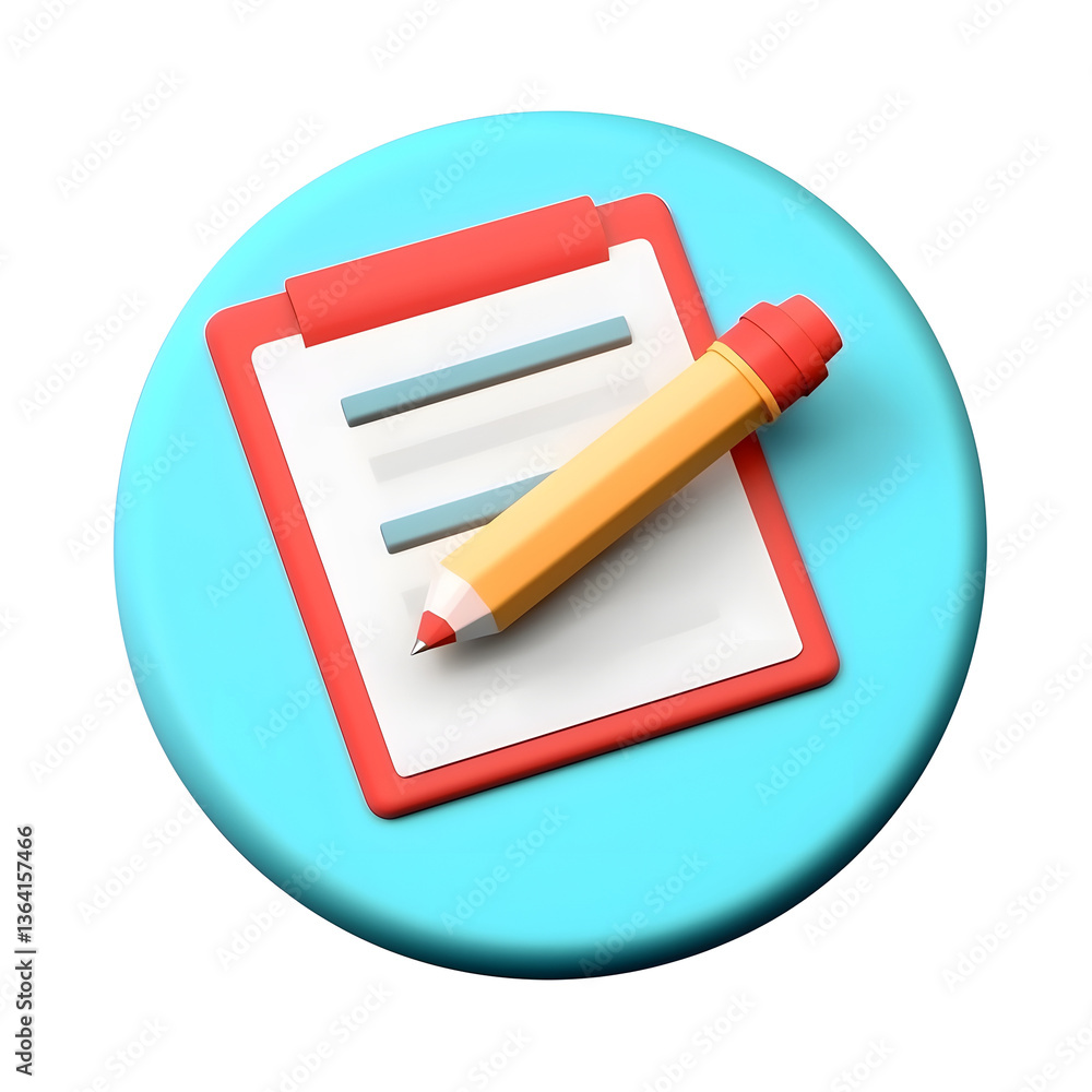 Poster Closeup of a clean modern icon representing a document or form with evenly spaced text lines and a diagonal pencil designed in a minimalist abstract style on a turquoise background