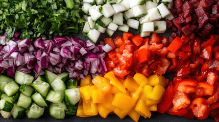 Fresh chopped vegetables arranged in vibrant rows, showcasing colorful salad preparation