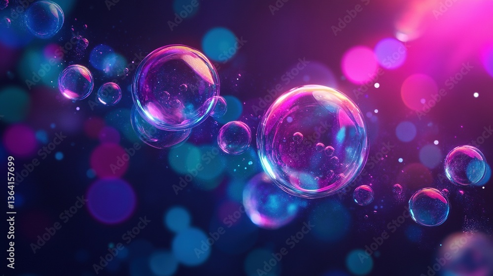 Poster floating translucent spheres with colorful highlights and soft bokeh shapes