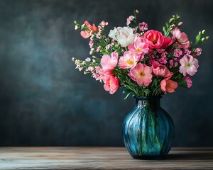 Beautiful flower arrangement in pastel vase setting, romantic beautiful flower arrangement on soft background, elegant interior touch . Colorful bouquet in a blue vase for decoration.