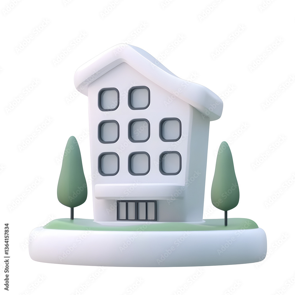 Poster 3D render of a stylized symmetrical multi story building with clean geometric shapes and modern minimalist design used as an icon or graphic element