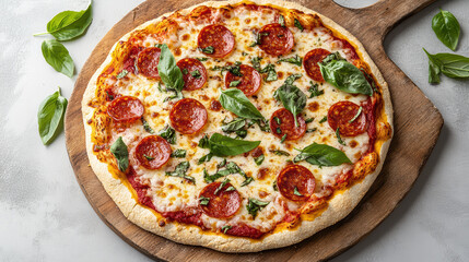 Crispy pizza topped with pepperoni and fresh basil leaves, perfect for delicious meal