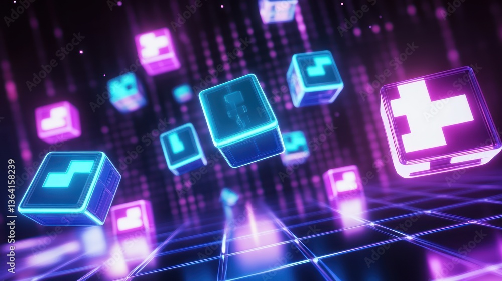 Aufkleber abstract glowing 3d cube icons floating in a digital neon space background