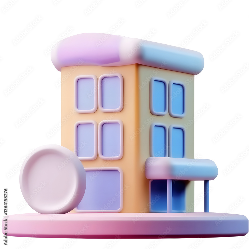 Poster Clean and professional 3D rendering of a sleek modern hotel building icon with a minimalist abstract design and structured elements ideal for use in web applications and user interfaces