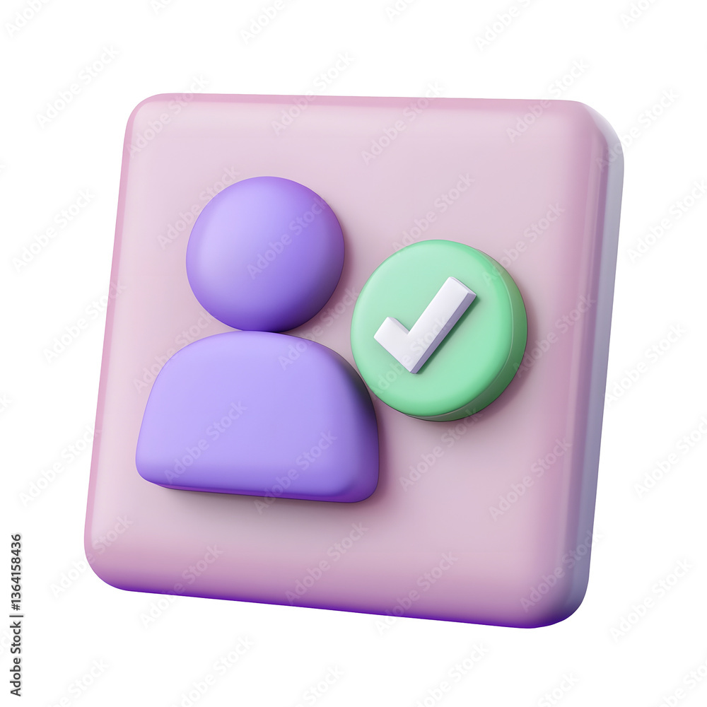 Poster Minimalist 3D rendered icon representing the creation of an account or user profile featuring a simplified user silhouette and a checkmark symbol on a clean geometric background
